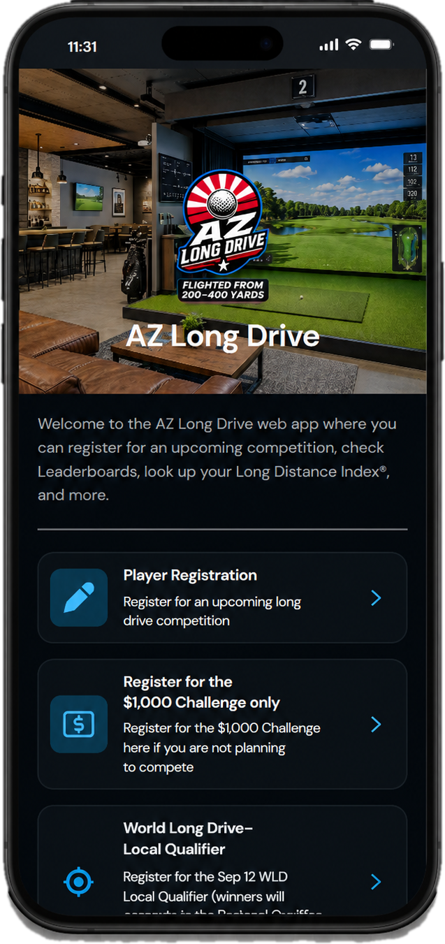 AZ Long Drive app showing player registration options